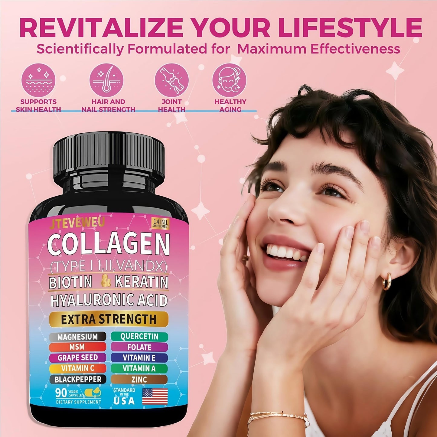 JTEVEweu Collagen Supplement - Type I, II, III, V and X - with Biotin, Keratin, Hyaluronic Acid & 13+ Extra Strength Ingredients - （90 Capsules） - dailyvitalstore