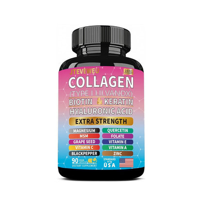 JTEVEweu Collagen Supplement - Type I, II, III, V and X - with Biotin, Keratin, Hyaluronic Acid & 13+ Extra Strength Ingredients - （90 Capsules） - dailyvitalstore