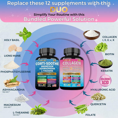 JTEVEweu Shining Serenity Set, Cortisol Support with Ashwagandha, L-Theanine, Magnesium, Lions Mane, GABA, Bacopa Monnieri, Collagen Biotin, Keratin, Hyaluronic Acid, Quercetin - dailyvitalstore