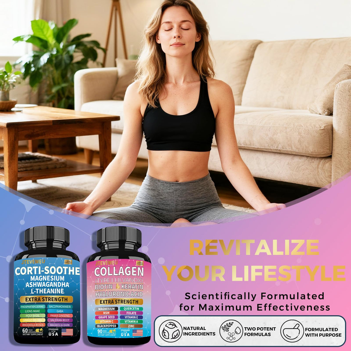 JTEVEweu Shining Serenity Set, Cortisol Support with Ashwagandha, L-Theanine, Magnesium, Lions Mane, GABA, Bacopa Monnieri, Collagen Biotin, Keratin, Hyaluronic Acid, Quercetin - dailyvitalstore