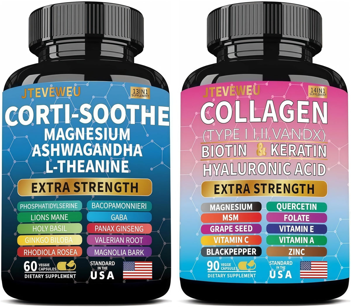 JTEVEweu Shining Serenity Set, Cortisol Support with Ashwagandha, L-Theanine, Magnesium, Lions Mane, GABA, Bacopa Monnieri, Collagen Biotin, Keratin, Hyaluronic Acid, Quercetin - dailyvitalstore