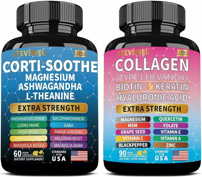 JTEVEweu Shining Serenity Set, Cortisol Support with Ashwagandha, L-Theanine, Magnesium, Lions Mane, GABA, Bacopa Monnieri, Collagen Biotin, Keratin, Hyaluronic Acid, Quercetin - dailyvitalstore