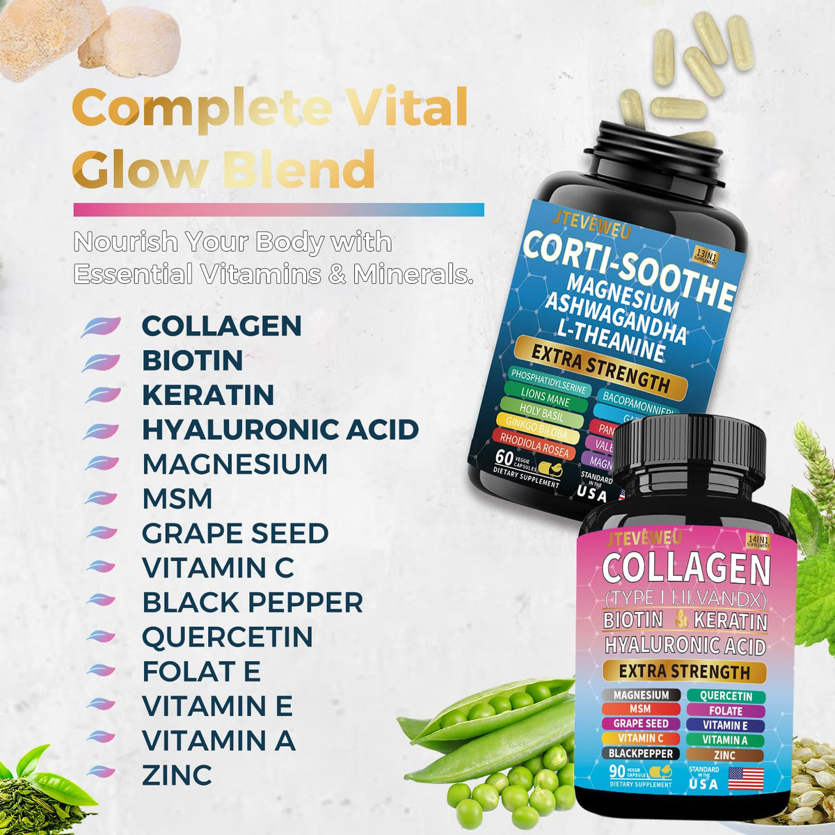 JTEVEweu Shining Serenity Set, Cortisol Support with Ashwagandha, L-Theanine, Magnesium, Lions Mane, GABA, Bacopa Monnieri, Collagen Biotin, Keratin, Hyaluronic Acid, Quercetin - dailyvitalstore