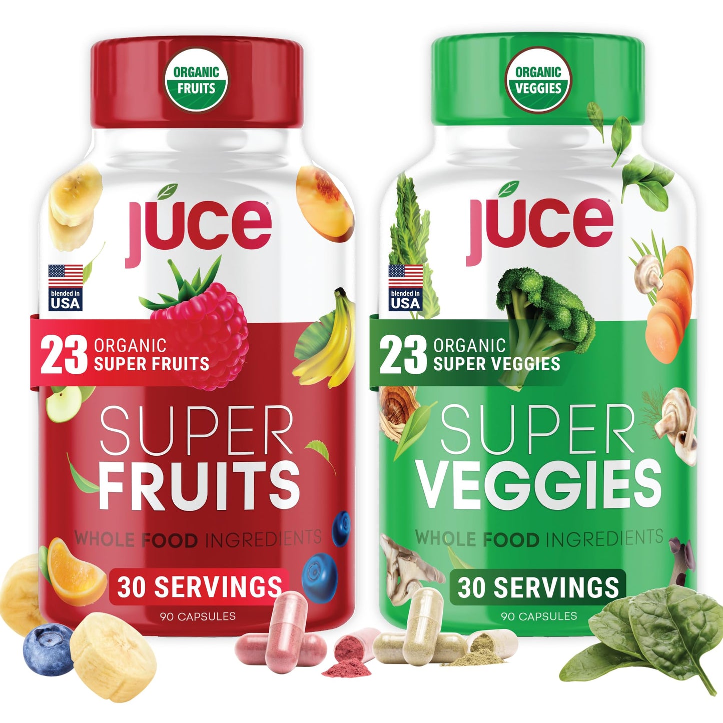 Juce Original Formula - Organic Super Fruit & Veggies Supplement - Gluten/Gelatin Free, Soy Free & Vegan- Reds & Greens Superfood Capsules- 23 Fruits & 23 Vegetables (180 Count)- By Terra Kai Organics - dailyvitalstore