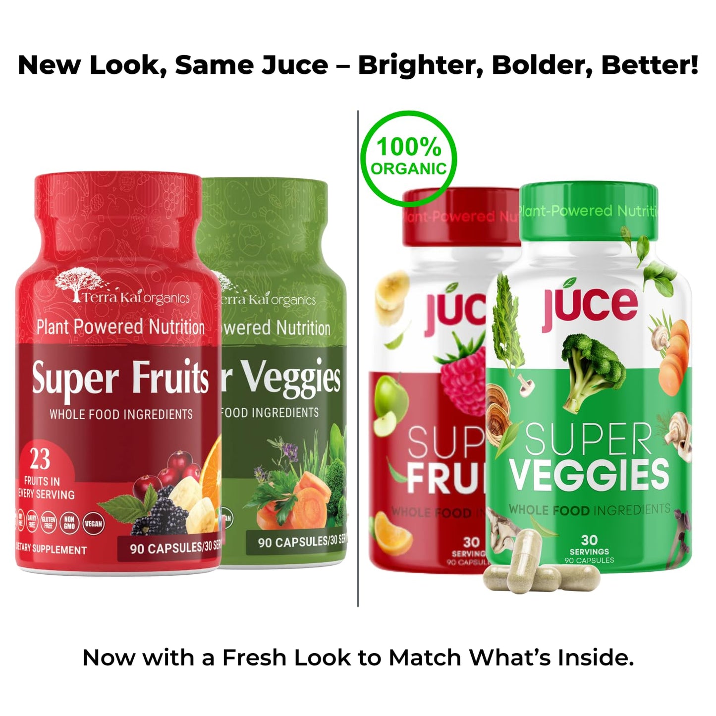 Juce Original Formula - Organic Super Fruit & Veggies Supplement - Gluten/Gelatin Free, Soy Free & Vegan- Reds & Greens Superfood Capsules- 23 Fruits & 23 Vegetables (180 Count)- By Terra Kai Organics - dailyvitalstore
