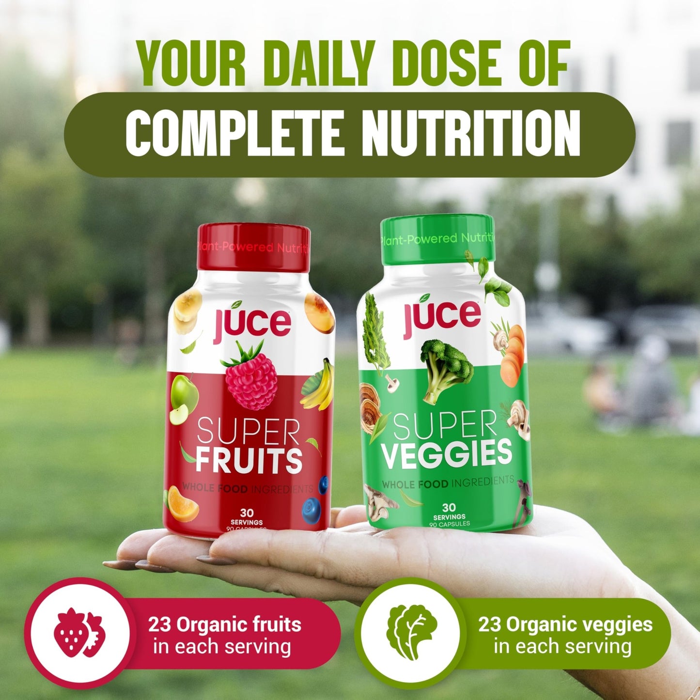 Juce Original Formula - Organic Super Fruit & Veggies Supplement - Gluten/Gelatin Free, Soy Free & Vegan- Reds & Greens Superfood Capsules- 23 Fruits & 23 Vegetables (180 Count)- By Terra Kai Organics - dailyvitalstore
