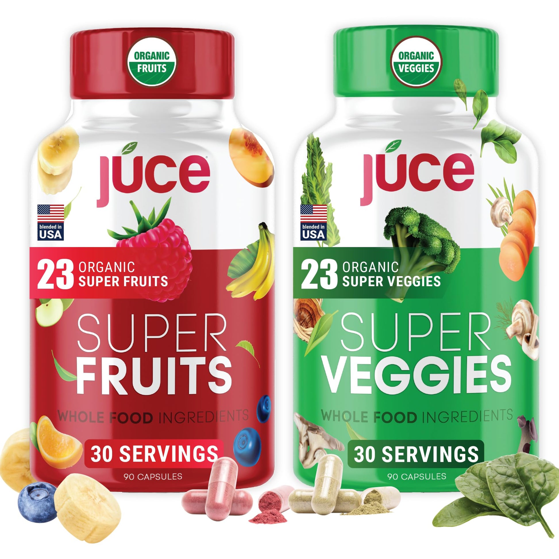 Juce Original Formula - Organic Super Fruit & Veggies Supplement - Gluten/Gelatin Free, Soy Free & Vegan- Reds & Greens Superfood Capsules- 23 Fruits & 23 Vegetables (180 Count)- By Terra Kai Organics - dailyvitalstore
