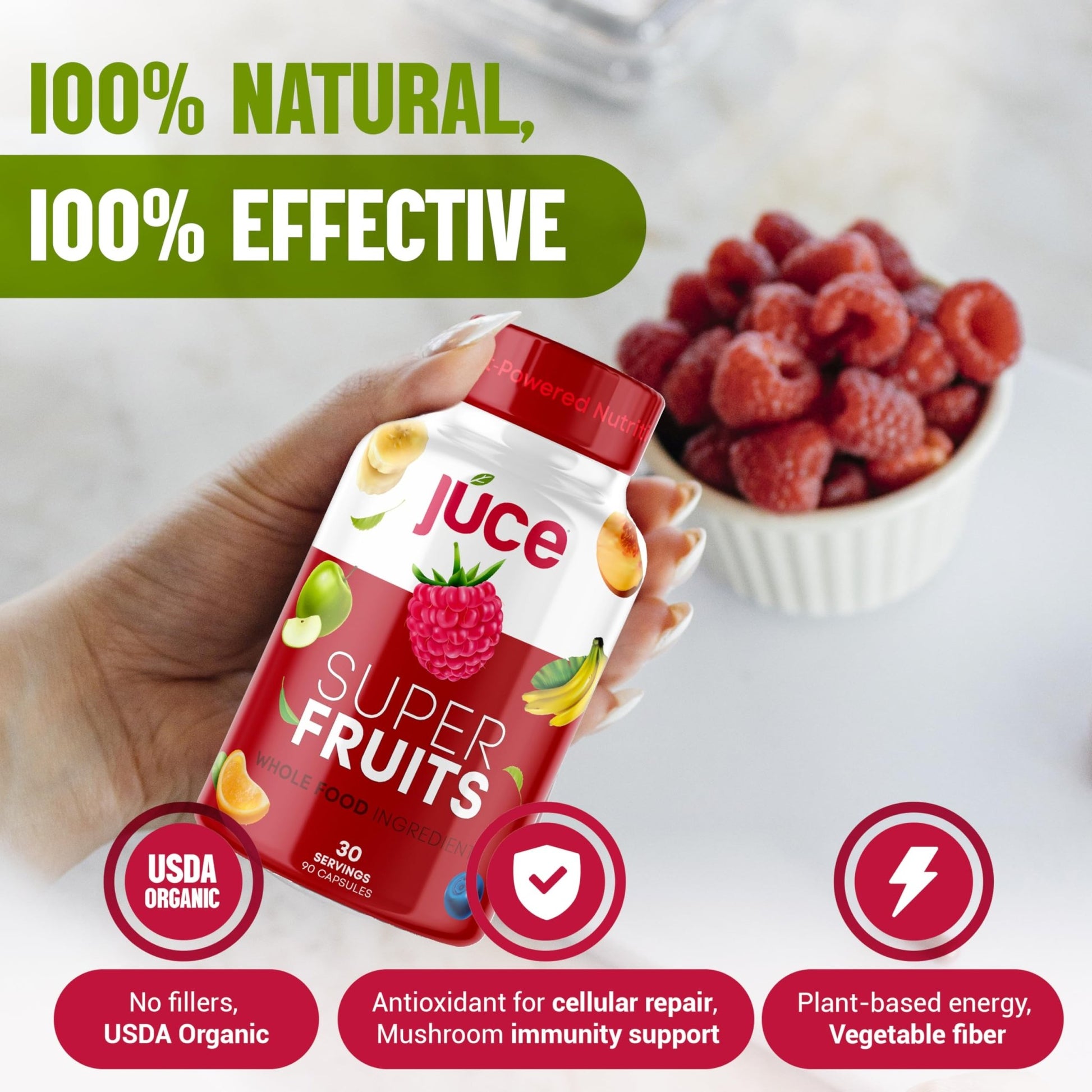 Juce Original Formula - Organic Super Fruit & Veggies Supplement - Gluten/Gelatin Free, Soy Free & Vegan- Reds & Greens Superfood Capsules- 23 Fruits & 23 Vegetables (180 Count)- By Terra Kai Organics - dailyvitalstore