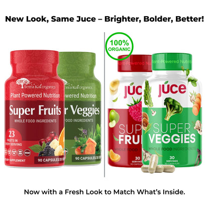 Juce Original Formula - Organic Super Fruit & Veggies Supplement - Gluten/Gelatin Free, Soy Free & Vegan- Reds & Greens Superfood Capsules- 23 Fruits & 23 Vegetables (180 Count)- By Terra Kai Organics - dailyvitalstore