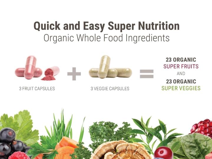 Juce Original Formula - Organic Super Fruit & Veggies Supplement - Gluten/Gelatin Free, Soy Free & Vegan- Reds & Greens Superfood Capsules- 23 Fruits & 23 Vegetables (180 Count)- By Terra Kai Organics - dailyvitalstore