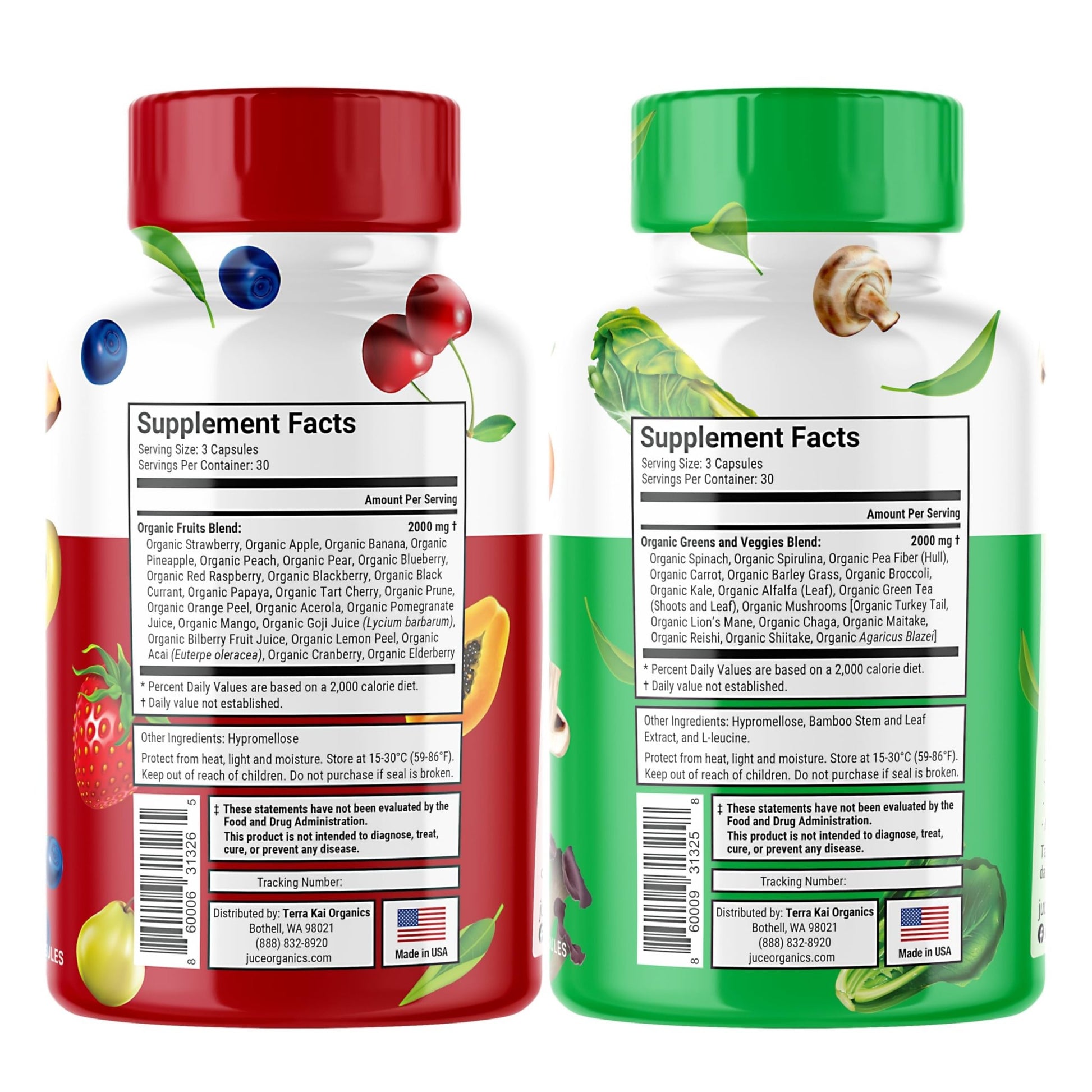 Juce Original Formula - Organic Super Fruit & Veggies Supplement - Gluten/Gelatin Free, Soy Free & Vegan- Reds & Greens Superfood Capsules- 23 Fruits & 23 Vegetables (180 Count)- By Terra Kai Organics - dailyvitalstore