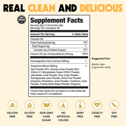 JUGO Focus + SUPERFOODS Ashwagandha Gummies with Vitamin D3 & Superfruit Blend, Vegetarian-Friendly Focus Supplement with Adaptogens, Gelatin-Free and Gluten-Free, Non-GMO, Made in USA, 40 Coun - dailyvitalstore