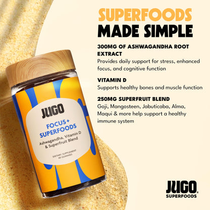 JUGO Focus + SUPERFOODS Ashwagandha Gummies with Vitamin D3 & Superfruit Blend, Vegetarian-Friendly Focus Supplement with Adaptogens, Gelatin-Free and Gluten-Free, Non-GMO, Made in USA, 40 Coun - dailyvitalstore