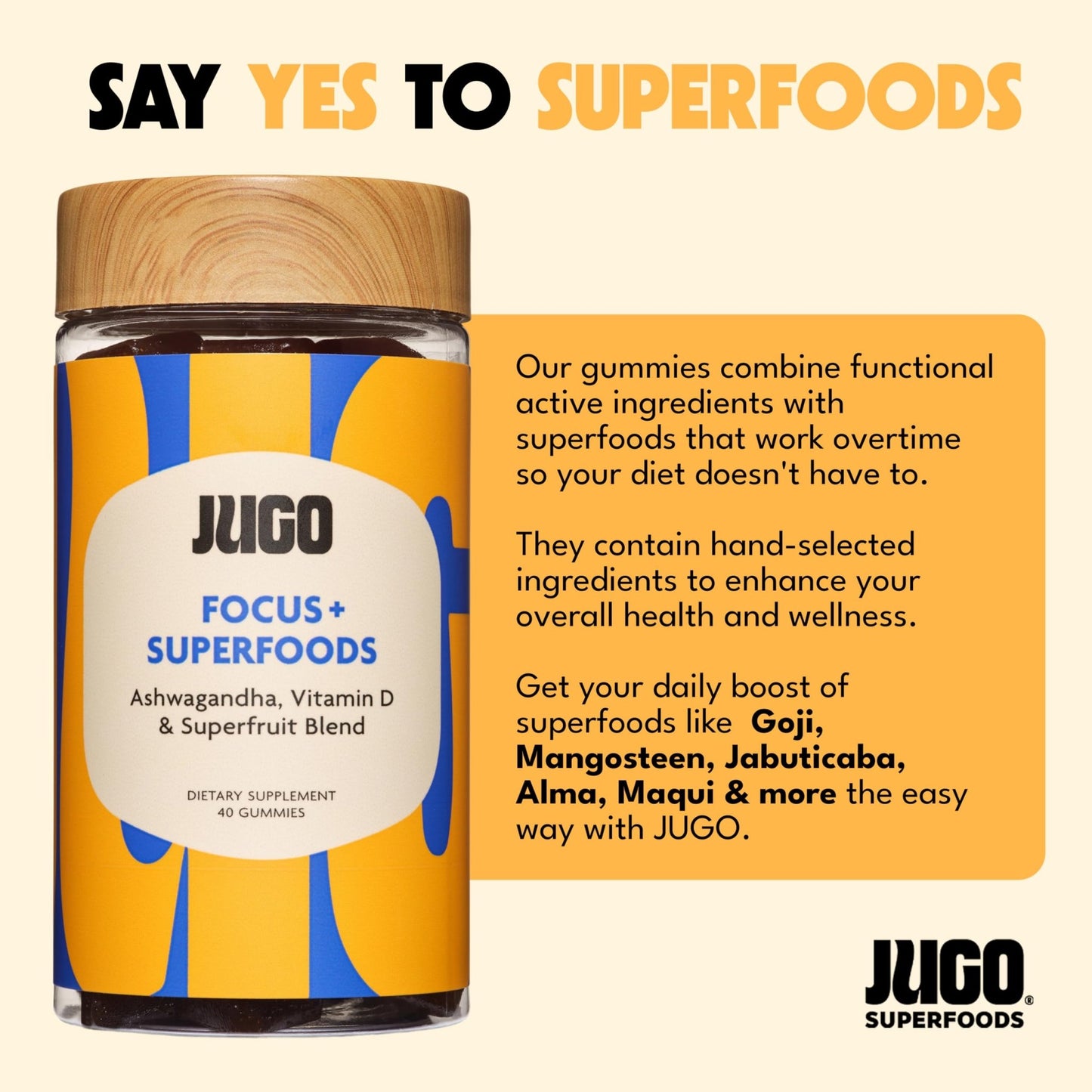JUGO Focus + SUPERFOODS Ashwagandha Gummies with Vitamin D3 & Superfruit Blend, Vegetarian-Friendly Focus Supplement with Adaptogens, Gelatin-Free and Gluten-Free, Non-GMO, Made in USA, 40 Coun - dailyvitalstore