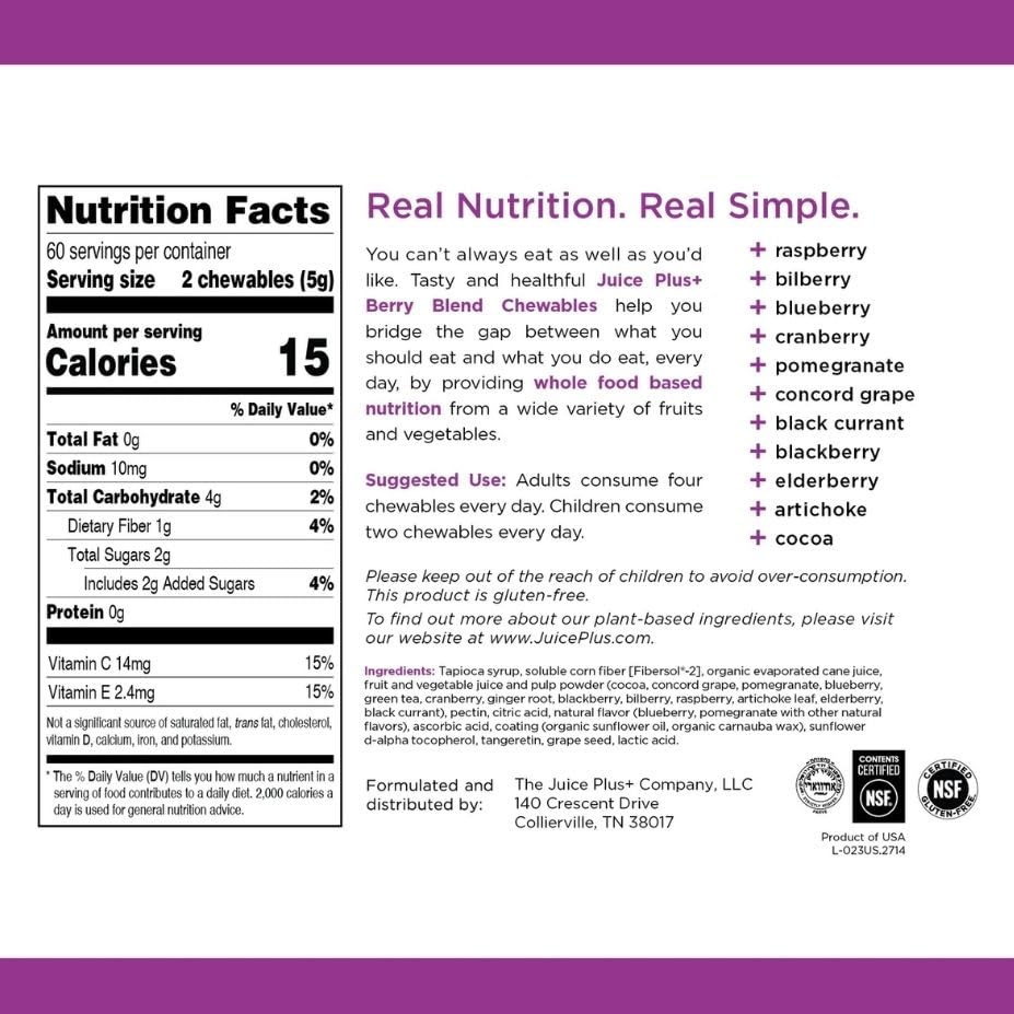 Juice Plus+ Berry Blend Soft Chews (Chewables) - Daily Nutrition from 12 Plants with Whole Fruit, Vegetable, & Berry - Raspberry, Bilberry, Blueberry, and More! for Adults and Kids - (1-mo, 30 Chews) - dailyvitalstore