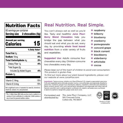 Juice Plus+ Berry Blend Soft Chews (Chewables) - Daily Nutrition from 12 Plants with Whole Fruit, Vegetable, & Berry - Raspberry, Bilberry, Blueberry, and More! for Adults and Kids - (1-mo, 30 Chews) - dailyvitalstore