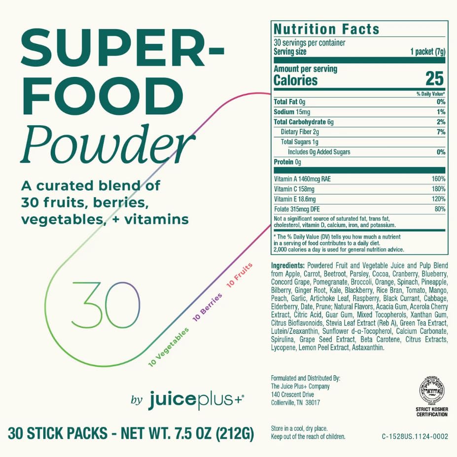 Juice Plus+ - Superfood Powder - Drink with 30 Fruits Berries Veggies Plant Vitamins for Refreshing Immune Wellness Boost - 30 Stick Packs - dailyvitalstore
