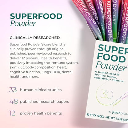 Juice Plus+ - Superfood Powder - Drink with 30 Fruits Berries Veggies Plant Vitamins for Refreshing Immune Wellness Boost - 30 Stick Packs - dailyvitalstore