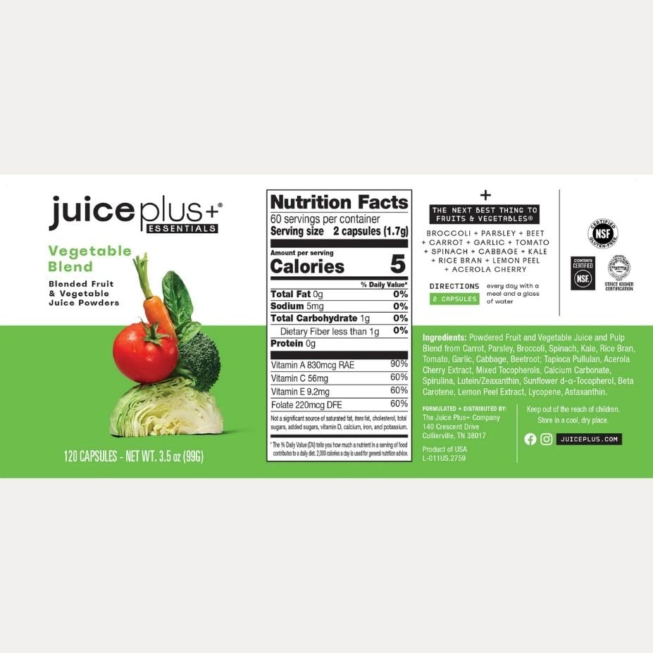 Juice Plus+ Vegetable Blend: with Broccoli, Parsley, Tomato & More - Plant-Based, Vegan, Gluten-Free, Non-GMO, Kosher - for Heart, Immune, Cognitive & Skin Health - 1 Bottle (60 Servings) - dailyvitalstore
