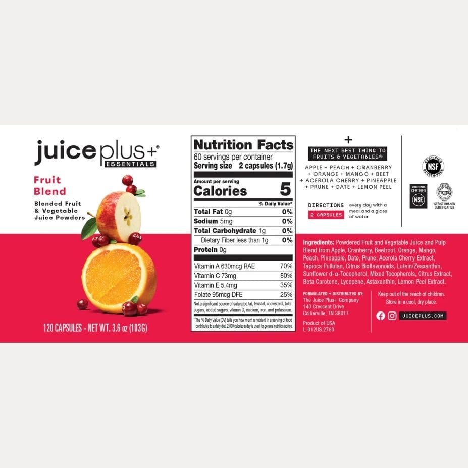 JuicePlus+ Fruit Blend: Plant-Based Whole Food Supplement with Apple, Peach, Cranberry, & More! - Vegan, Gluten-Free, Non-GMO, Kosher - Packed with Plant-Based Vitamins - 1 Bottle (60 Servings) - dailyvitalstore