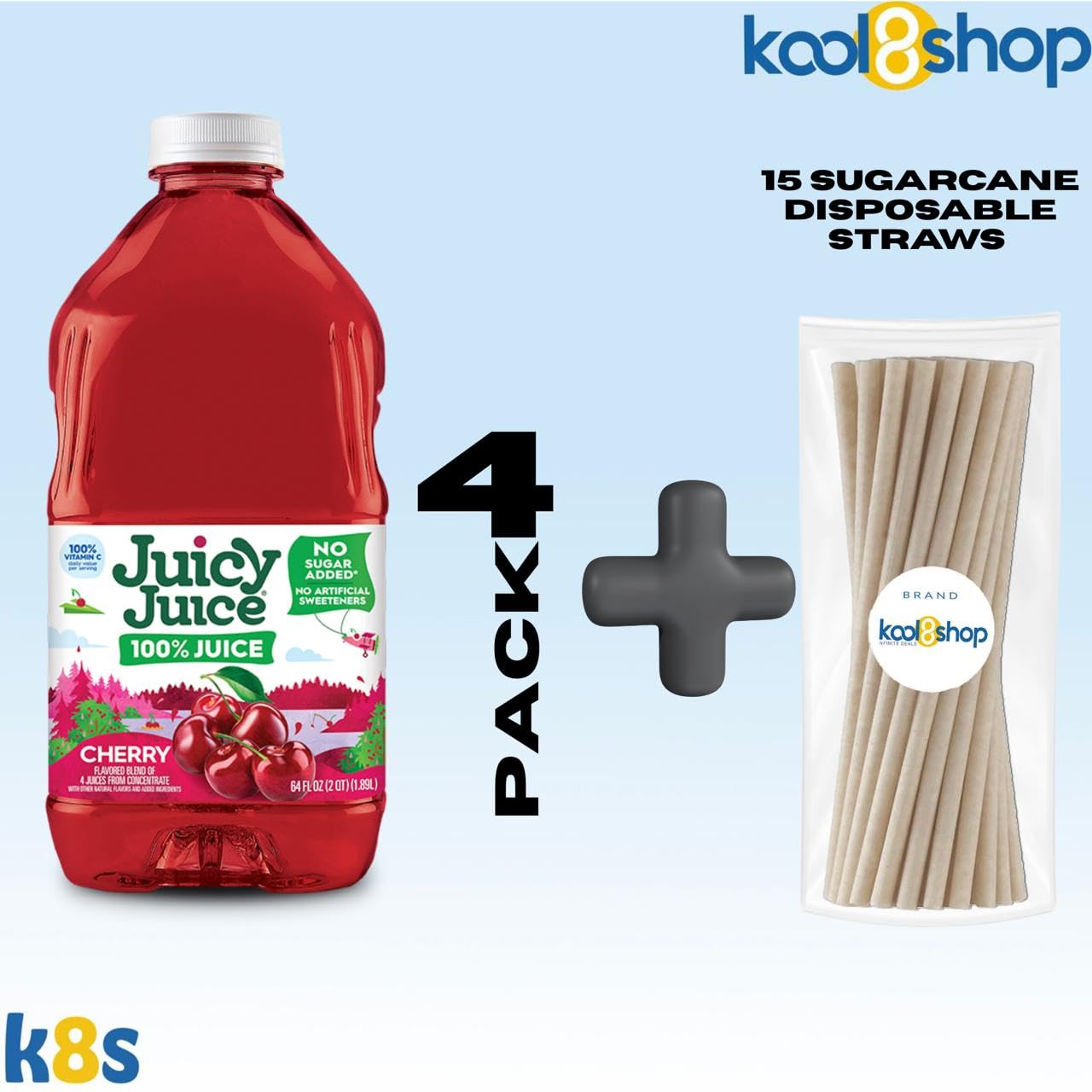 Juicy Juice Cherry 100% Juice Vitamin C No Sugar Added 64 fl oz Plastic Bottle 4 Pack + 15 Sugarcane Disposable Straws by KOOL8SHOP Infinite Deals - dailyvitalstore
