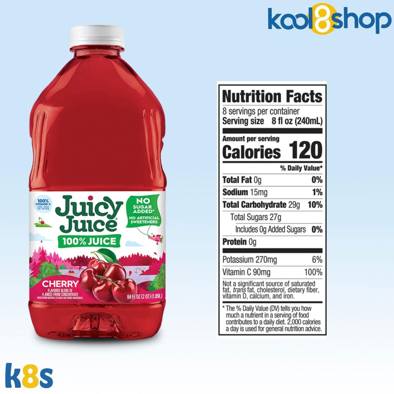 Juicy Juice Cherry 100% Juice Vitamin C No Sugar Added 64 fl oz Plastic Bottle 4 Pack + 15 Sugarcane Disposable Straws by KOOL8SHOP Infinite Deals - dailyvitalstore