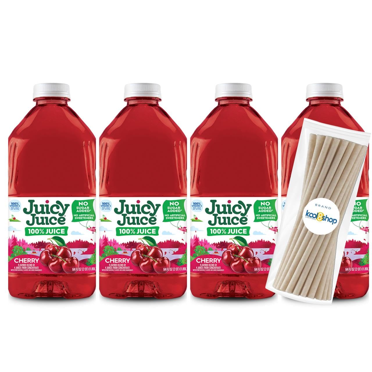 Juicy Juice Cherry 100% Juice Vitamin C No Sugar Added 64 fl oz Plastic Bottle 4 Pack + 15 Sugarcane Disposable Straws by KOOL8SHOP Infinite Deals - dailyvitalstore