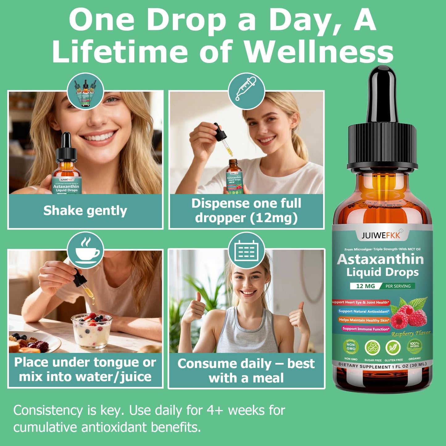 JUIWEFKK Astaxanthin Supplement 12mg Liquid Drops, Premium Natural Astaxanthin Antioxidant from Fresh Microalgae Source w. Mct Oi for Eye Immune Joint Skin Health, Liquid Formula for Max Absorption - dailyvitalstore