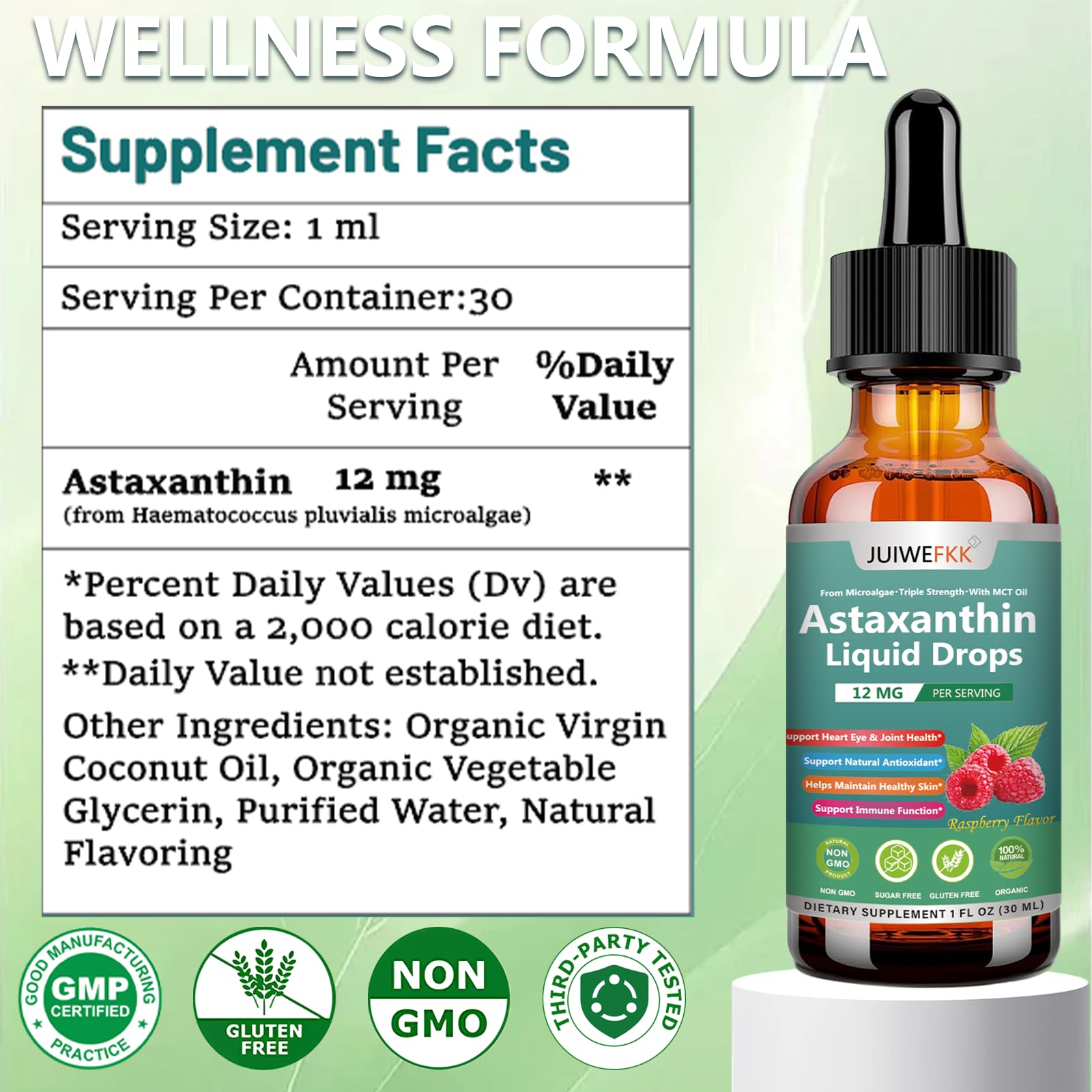 JUIWEFKK Astaxanthin Supplement 12mg Liquid Drops, Premium Natural Astaxanthin Antioxidant from Fresh Microalgae Source w. Mct Oi for Eye Immune Joint Skin Health, Liquid Formula for Max Absorption - dailyvitalstore