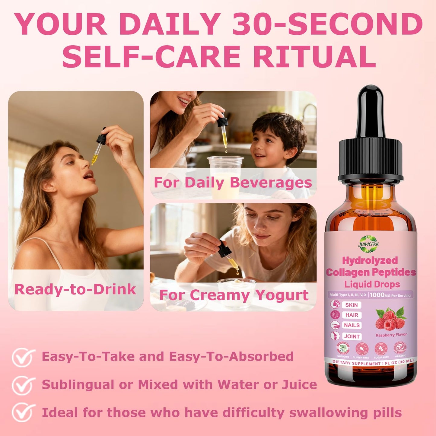 JUIWEFKK Hydrolyzed Collagen Peptides Liquid Organic Collagen Complex w. Biotin, Vitamin C & Hyaluronic Acid, Liquid Collagen Types I, II, III, IV, V for Hair, Skin, Nails & Joint Healthd - dailyvitalstore