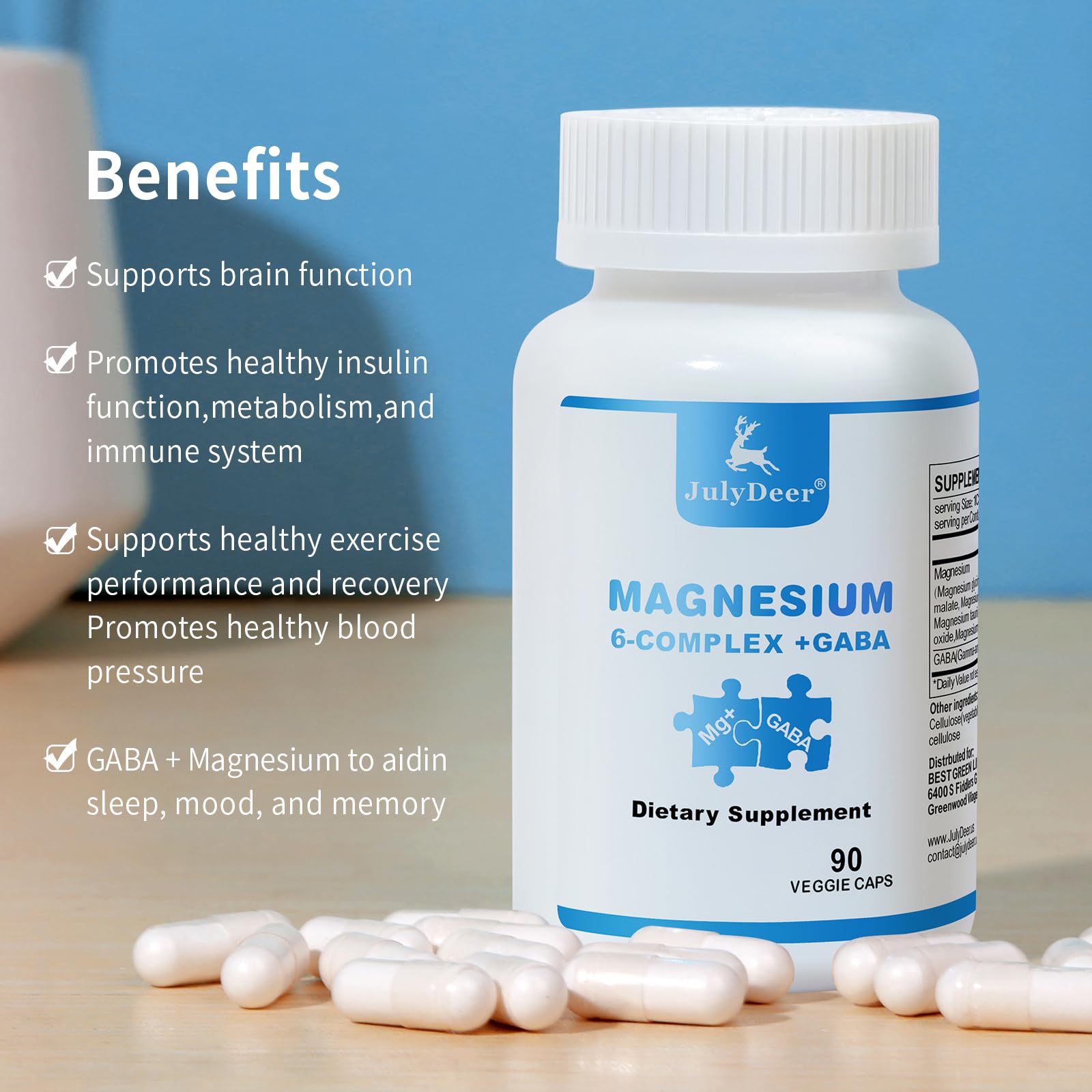 JulyDeer Sixfold Magnesium Complex | 350mg of Magnesium Glycinate, Malate, Citrate, Taurine, Oxide, Mg+ for Muscles,Nerves,& Energy, GABA Sleep Support | High Absorption | Vegan | 90 Capsules - dailyvitalstore