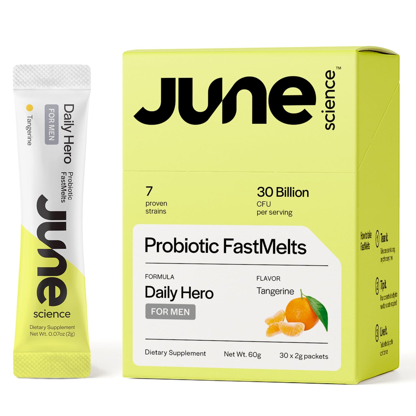 June Science Daily Hero for Men | Fast Melt Pre + Probiotic for Men - Tangerine Flavor, 30 Powder Sachets - dailyvitalstore