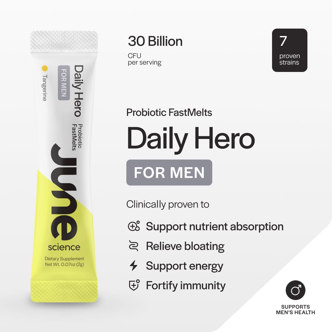 June Science Daily Hero for Men | Fast Melt Pre + Probiotic for Men - Tangerine Flavor, 30 Powder Sachets - dailyvitalstore