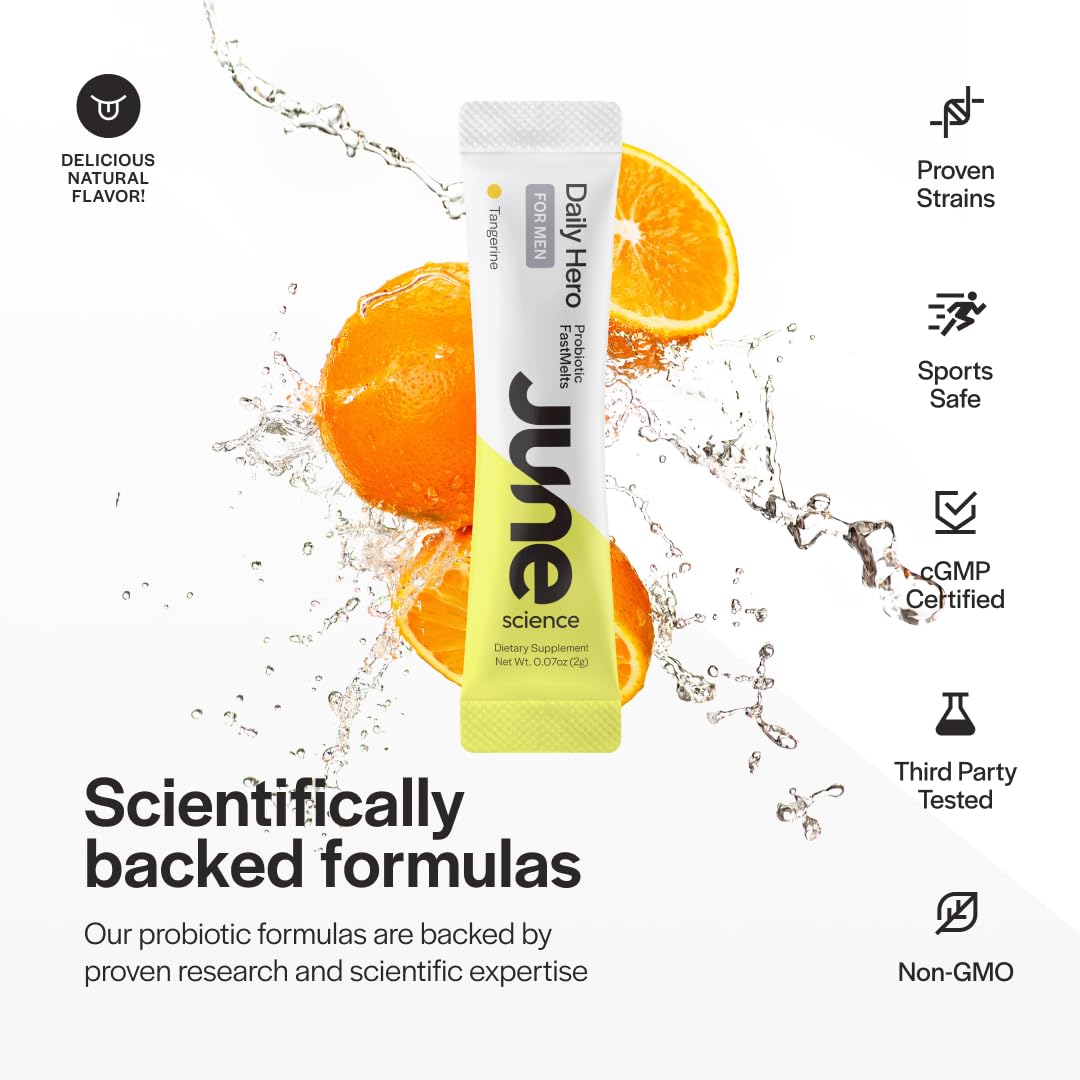 June Science Daily Hero for Men | Fast Melt Pre + Probiotic for Men - Tangerine Flavor, 30 Powder Sachets - dailyvitalstore