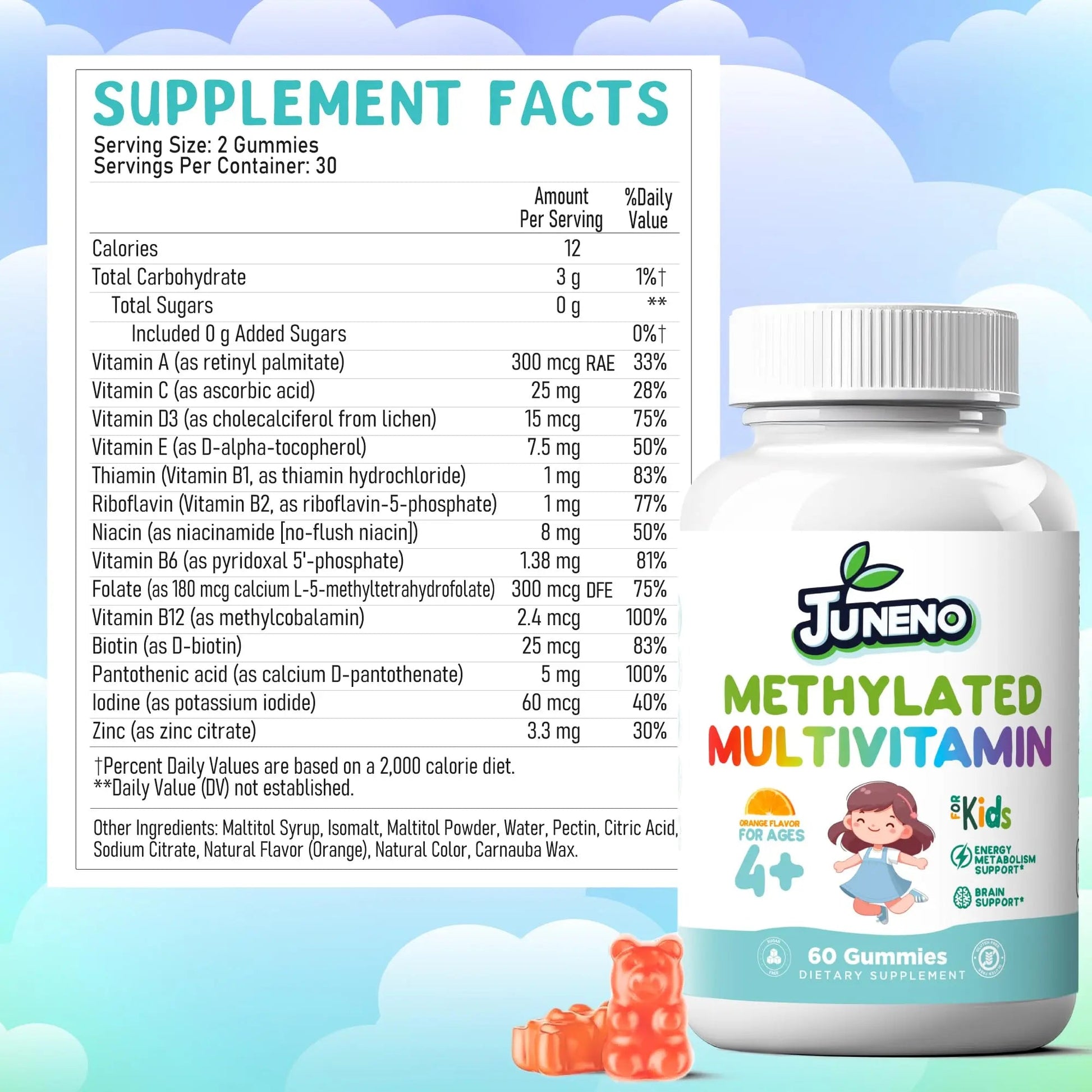 Juneno Methylated Multivitamin Gummies for Kids - MTHFR Support Supplement with B Complex 5-MTHF Folate (L-Methylfolate) - dailyvitalstore