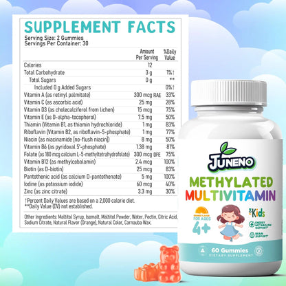 Juneno Methylated Multivitamin Gummies for Kids - MTHFR Support Supplement with B Complex 5-MTHF Folate (L-Methylfolate) - dailyvitalstore