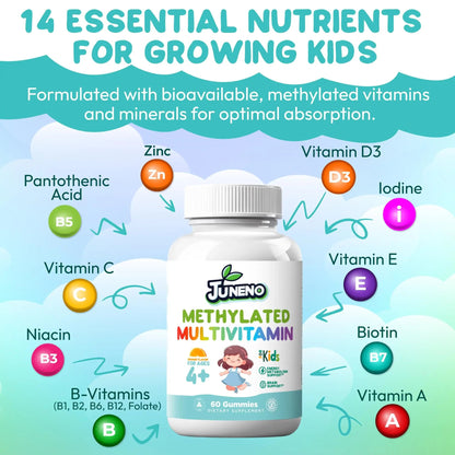 Juneno Methylated Multivitamin Gummies for Kids - MTHFR Support Supplement with B Complex 5-MTHF Folate (L-Methylfolate) - dailyvitalstore