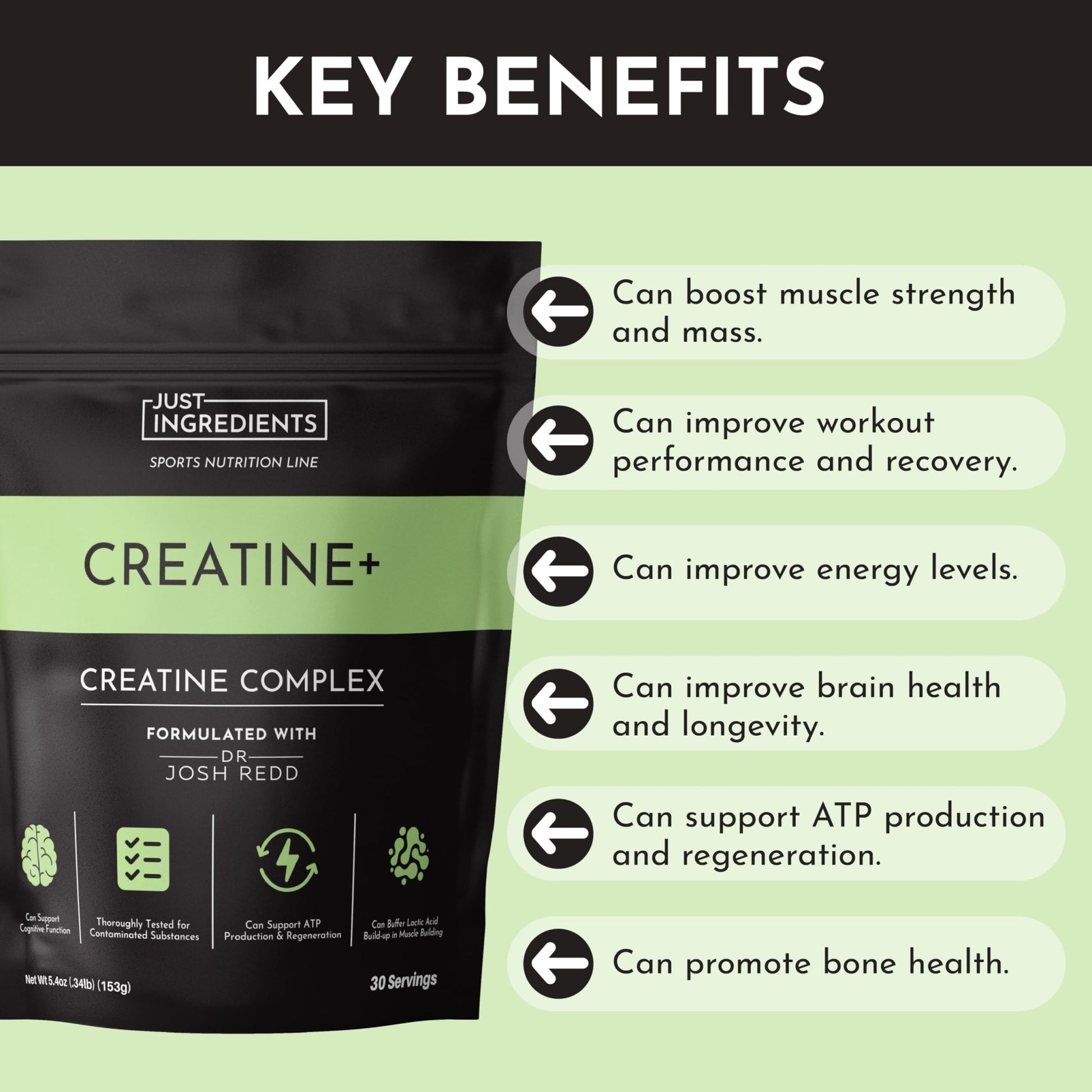 JUST INGREDIENTS Creatine Monohydrate Powder with Rejen Fulvic Mineral Complex - Supports Muscle Recovery, Energy, Strength, Cognitive Function - 30 Servings - dailyvitalstore