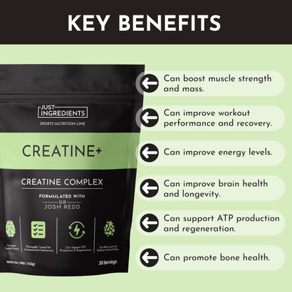 JUST INGREDIENTS Creatine Monohydrate Powder with Rejen Fulvic Mineral Complex - Supports Muscle Recovery, Energy, Strength, Cognitive Function - 30 Servings - dailyvitalstore