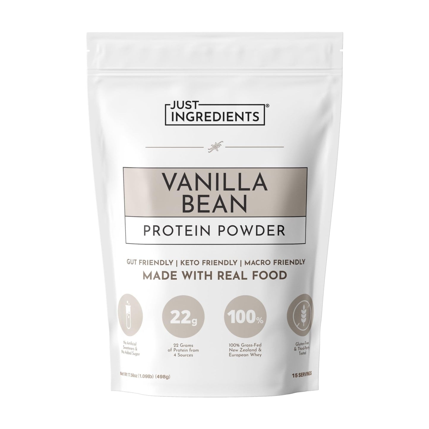 JUST INGREDIENTS Vanilla Protein Powder - Grass-Fed Whey Blend, Organic, Gluten Free, Dairy Free, Soy Free - 15 Servings, 22g Protein - dailyvitalstore
