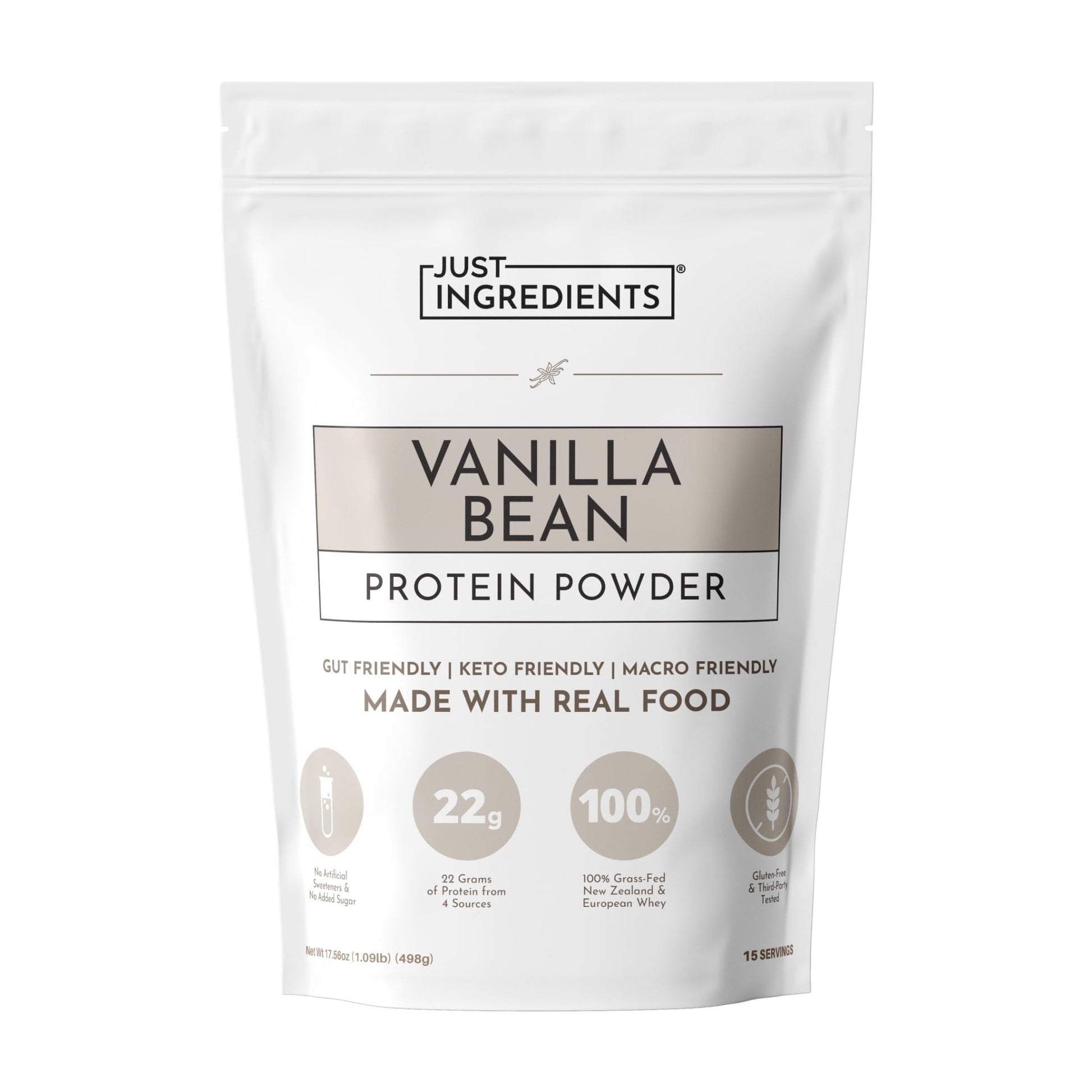 JUST INGREDIENTS Vanilla Protein Powder - Grass-Fed Whey Blend, Organic, Gluten Free, Dairy Free, Soy Free - 15 Servings, 22g Protein - dailyvitalstore