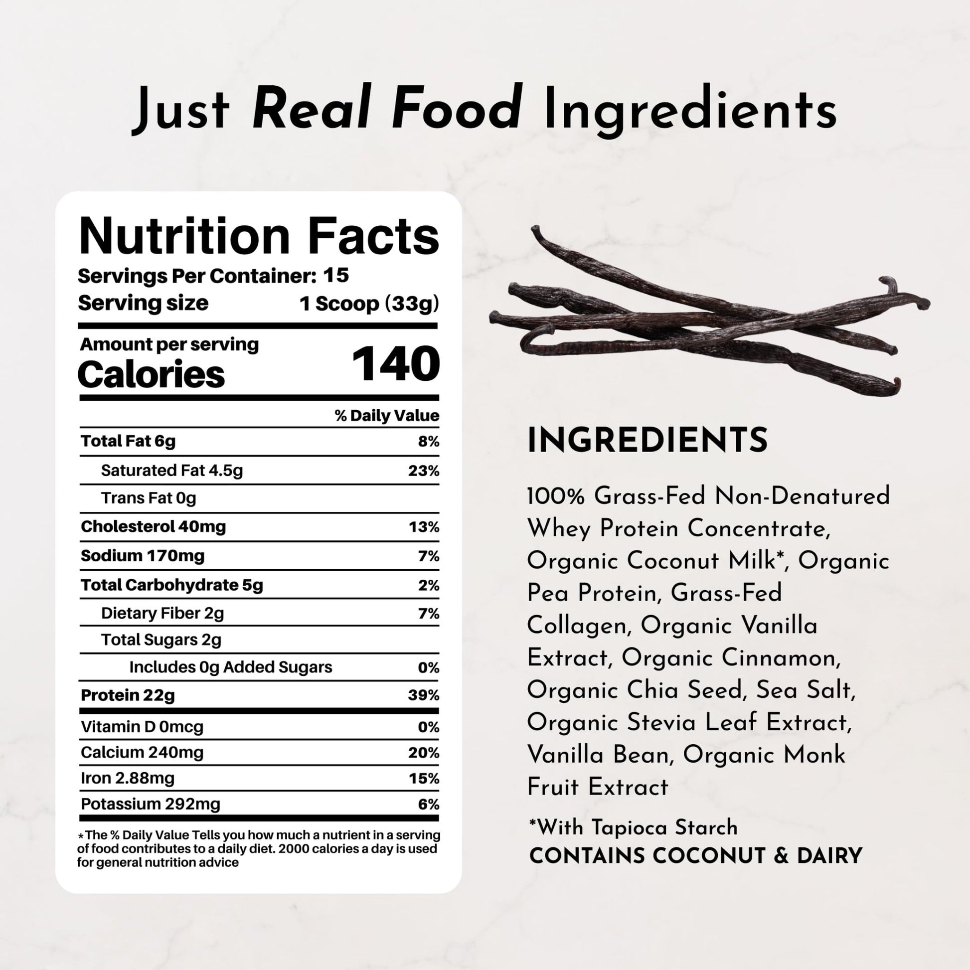 JUST INGREDIENTS Vanilla Protein Powder - Grass-Fed Whey Blend, Organic, Gluten Free, Dairy Free, Soy Free - 15 Servings, 22g Protein - dailyvitalstore