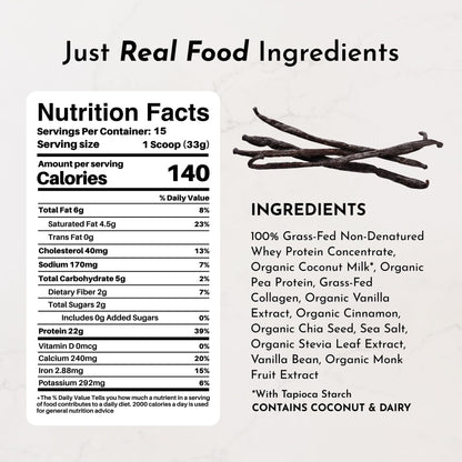 JUST INGREDIENTS Vanilla Protein Powder - Grass-Fed Whey Blend, Organic, Gluten Free, Dairy Free, Soy Free - 15 Servings, 22g Protein - dailyvitalstore