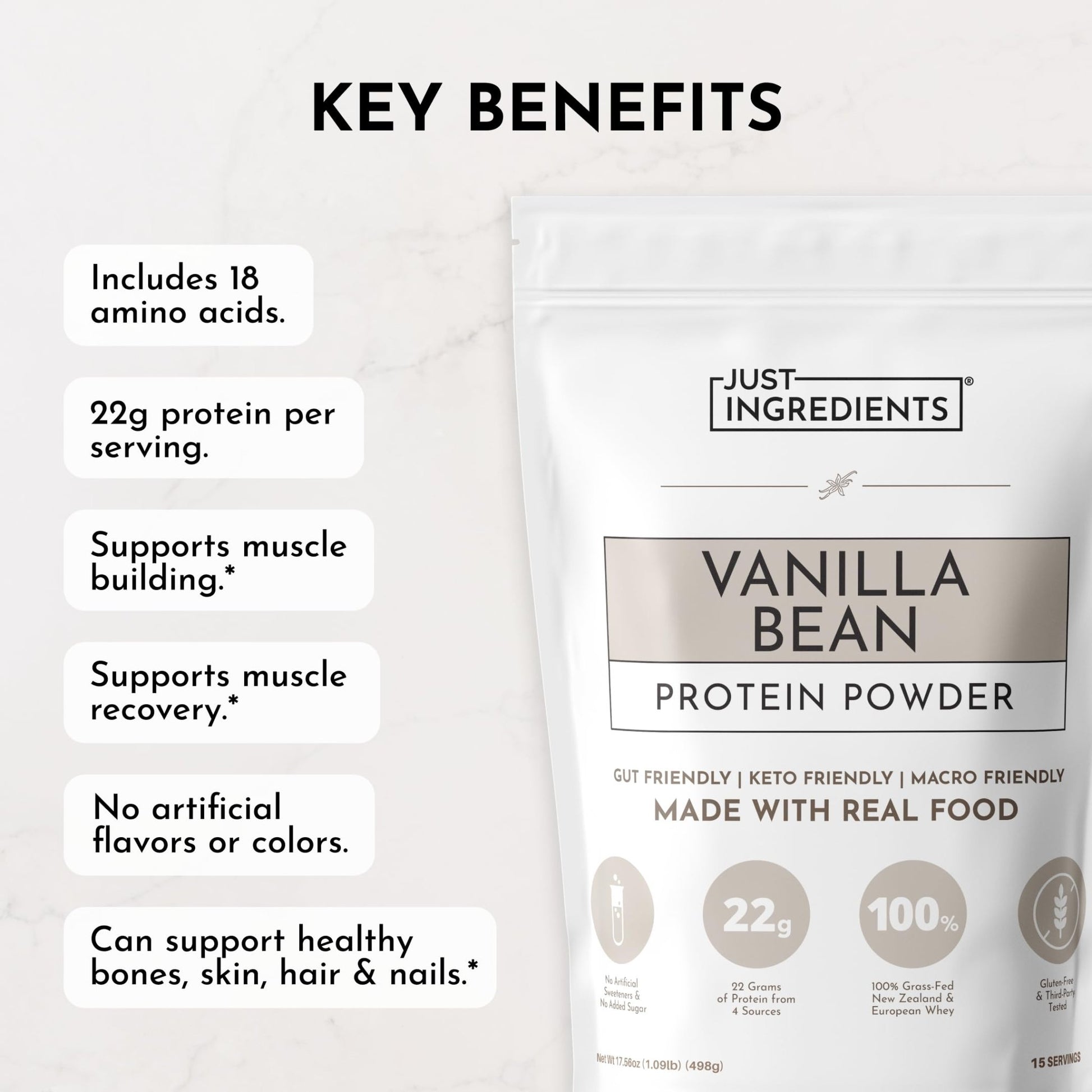 JUST INGREDIENTS Vanilla Protein Powder - Grass-Fed Whey Blend, Organic, Gluten Free, Dairy Free, Soy Free - 15 Servings, 22g Protein - dailyvitalstore