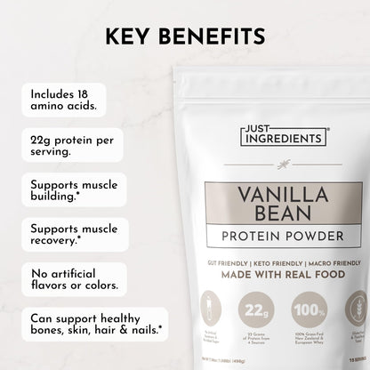 JUST INGREDIENTS Vanilla Protein Powder - Grass-Fed Whey Blend, Organic, Gluten Free, Dairy Free, Soy Free - 15 Servings, 22g Protein - dailyvitalstore