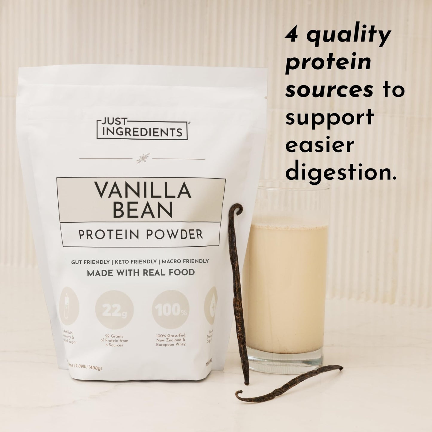 JUST INGREDIENTS Vanilla Protein Powder - Grass-Fed Whey Blend, Organic, Gluten Free, Dairy Free, Soy Free - 15 Servings, 22g Protein - dailyvitalstore