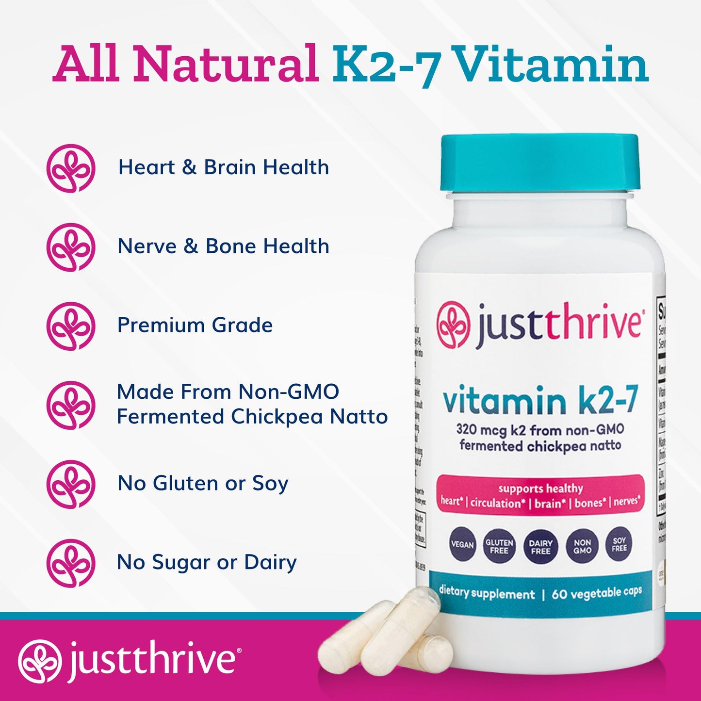 Just Thrive Vitamin K2-7 - Bone, Brain, and Heart Health K2 Vitamin Supplement, 60 Capsules - dailyvitalstore