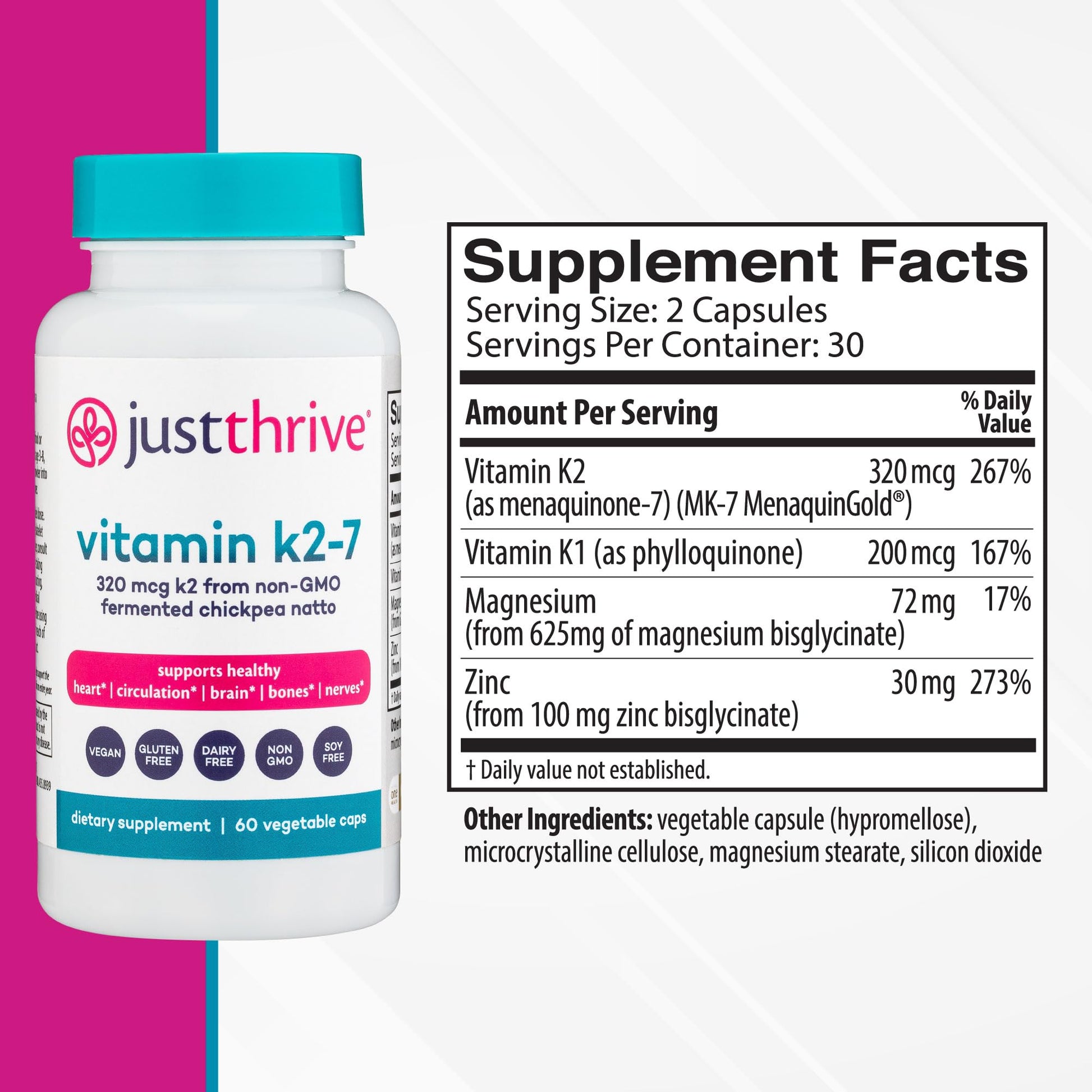 Just Thrive Vitamin K2-7 - Bone, Brain, and Heart Health K2 Vitamin Supplement, 60 Capsules - dailyvitalstore