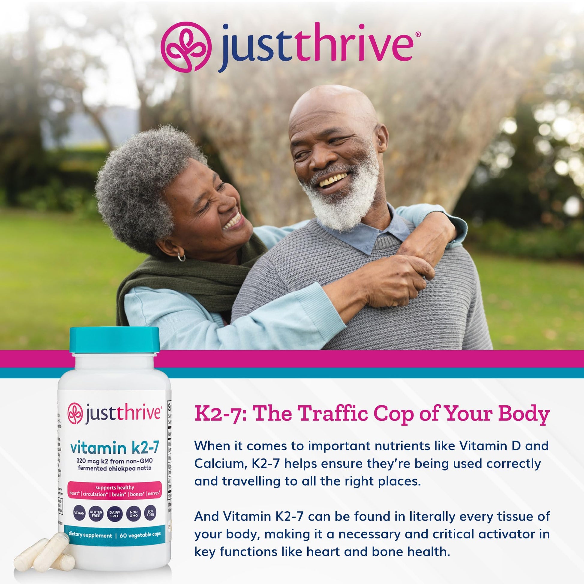 Just Thrive Vitamin K2-7 - Bone, Brain, and Heart Health K2 Vitamin Supplement, 60 Capsules - dailyvitalstore