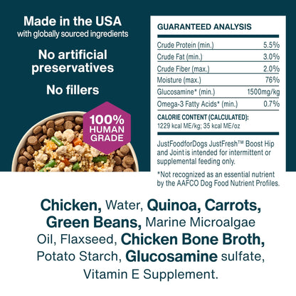 JustFoodForDogs JustFresh Boosts Hip & Joint Support Dog Food Toppers with Glucosamine to Support Hip Mobility & Joint Flexibility, Human-Grade Fresh Pet Meal Booster, 8 oz Pouches - 8 Pack - dailyvitalstore